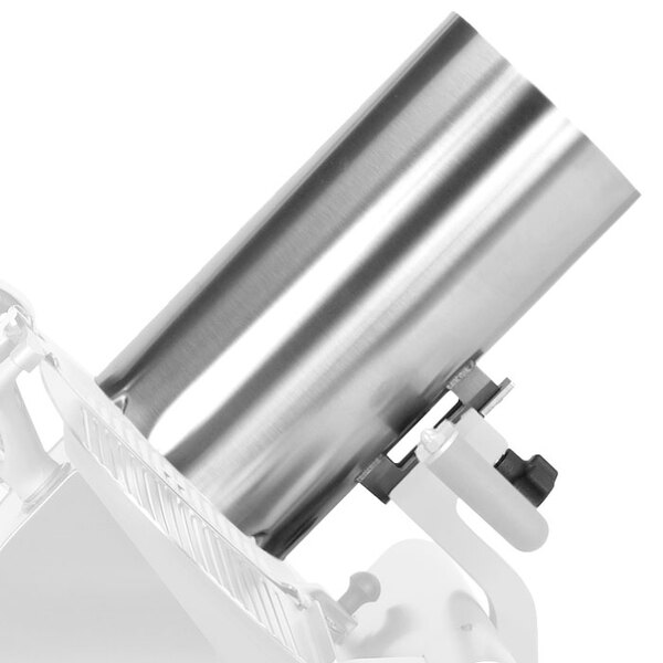 A silver metal tube with a white background.