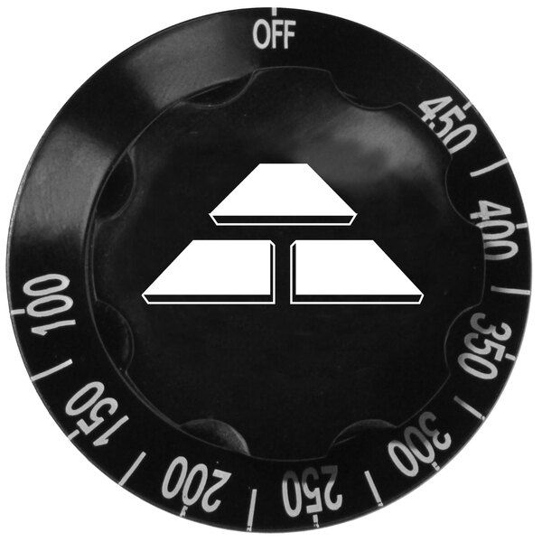 A black Advance Tabco thermostat knob with white text and a triangle symbol.