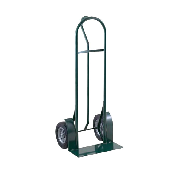 A green Harper hand truck with wheels and a loop handle.