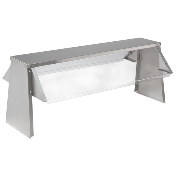 A stainless steel food shield for an Advance Tabco serving shelf.