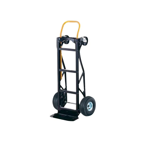 A black and yellow Harper steel convertible hand truck with pneumatic wheels.