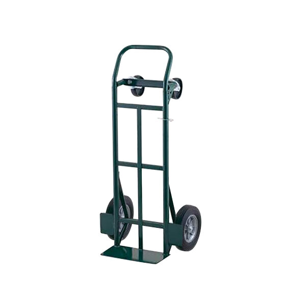 A green Harper hand truck with black wheels and continuous handles.