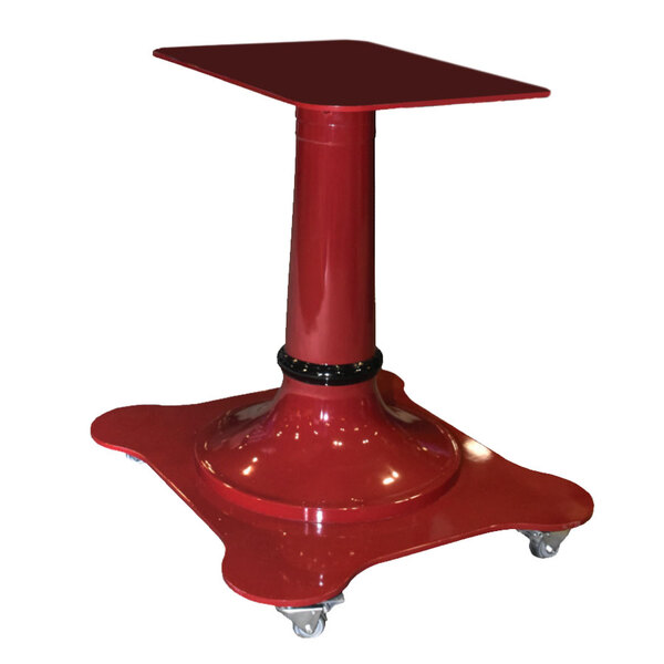 A red pedestal stand with wheels for a Globe Prosciutto Meat Slicer.
