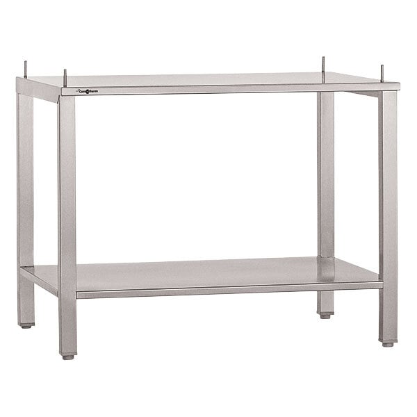 A stainless steel metal table with a shelf.