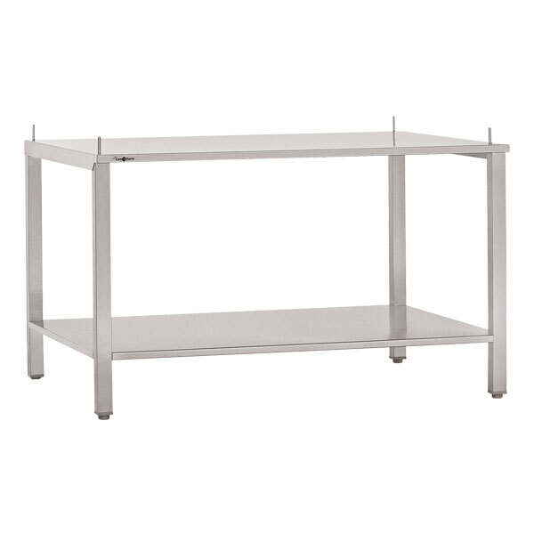 A silver metal Garland stainless steel equipment stand with two shelves.