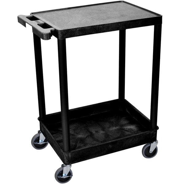 A black Luxor utility cart with two shelves and wheels.
