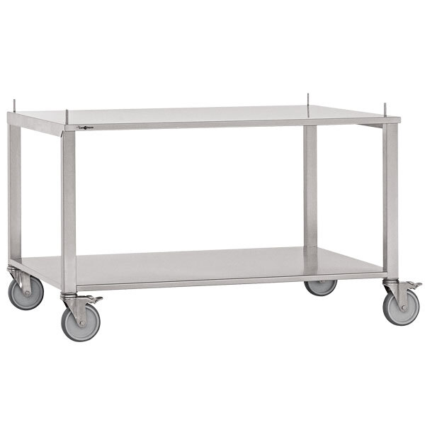 A stainless steel Garland equipment stand with casters.