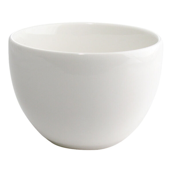 A Homer Laughlin bright white china bouillon bowl with a white background.