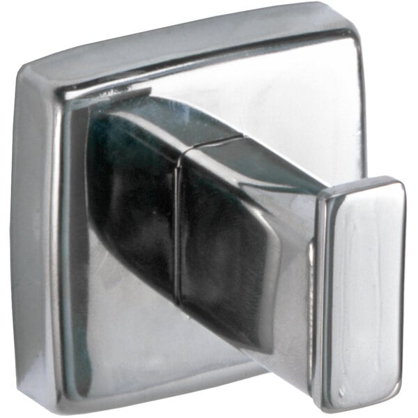 A metal Bobrick surface-mounted utility hook with a bright polished finish.