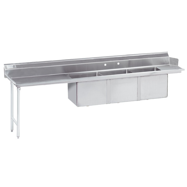 A stainless steel Advance Tabco dishtable with three compartments and a left drainboard.