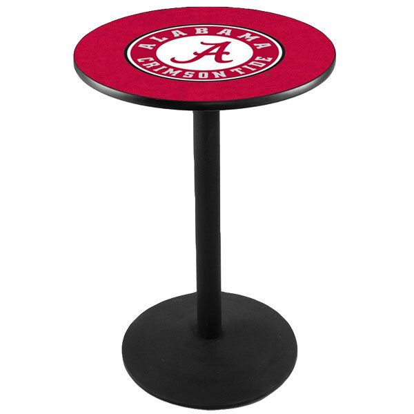 A round red and white University of Alabama pub table with a logo on the top.