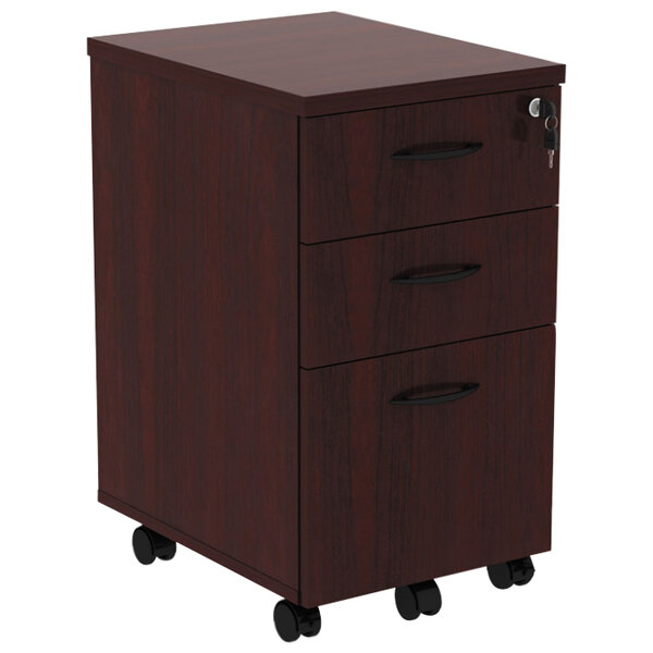 A mahogany Alera three-drawer mobile file cabinet with wheels.