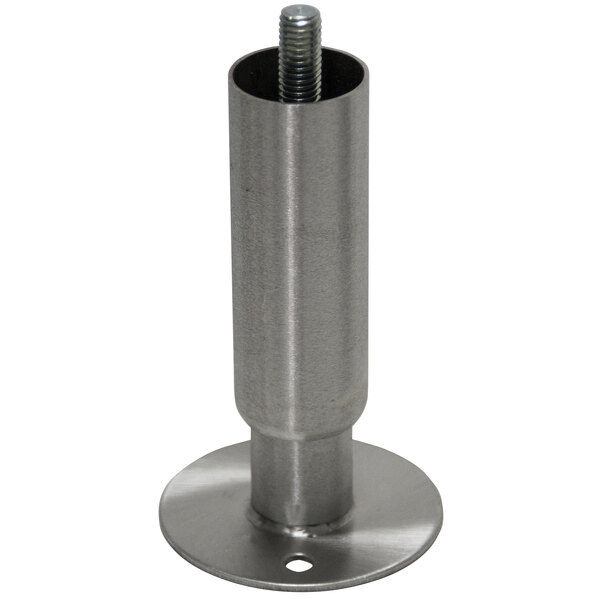 A stainless steel flanged leg with a screw and nut.