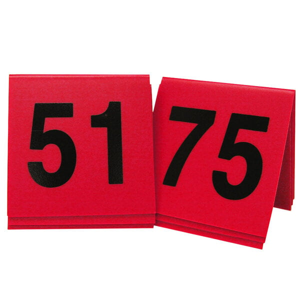 Two red cards with black numbers from Cal-Mil for table numbers 51 to 75.