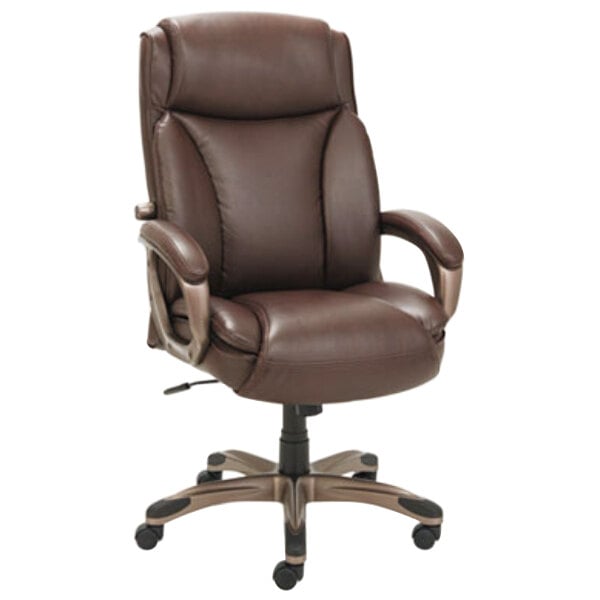 A brown leather Alera office chair with wheels.