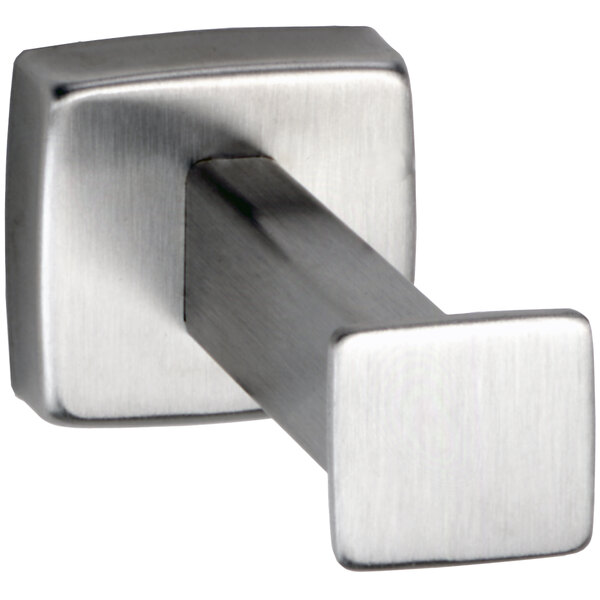 A close-up of a square stainless steel metal hook.