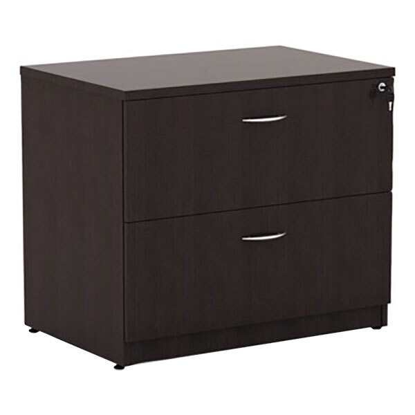 An espresso Alera lateral file cabinet with two drawers and silver handles.