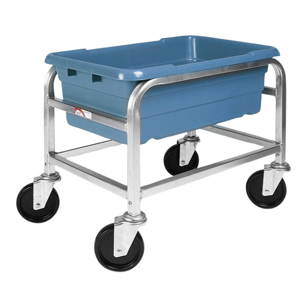 A stainless steel Winholt lug rack holding a blue tub.