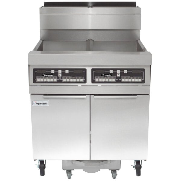 A large commercial Frymaster gas floor fryer with two units.