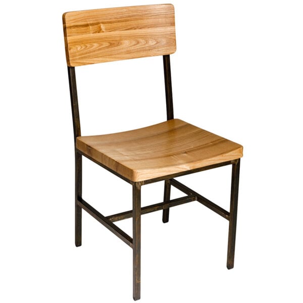 A BFM Seating Memphis wooden chair with a metal frame and back.