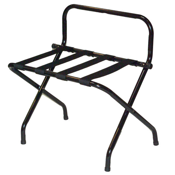 A black metal CSL luggage rack with two legs.