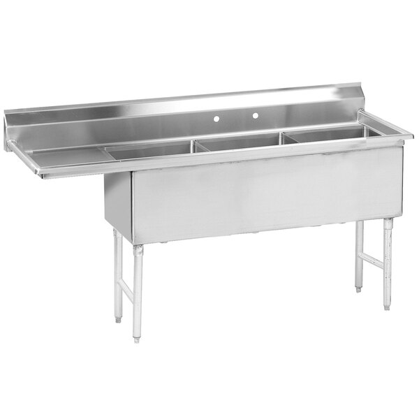 A stainless steel Advance Tabco three compartment sink with a left drainboard.