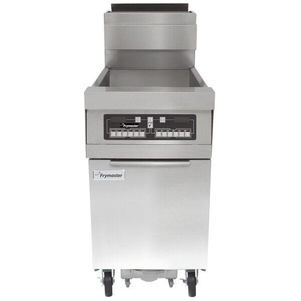 A Frymaster gas floor fryer with stainless steel accents.