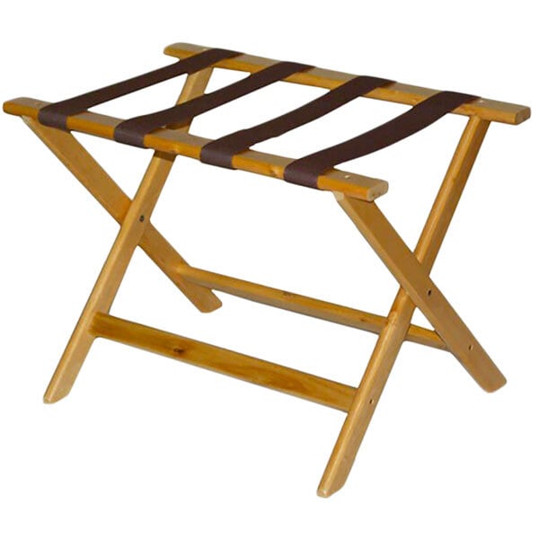 A CSL Deluxe Series light wood luggage rack with straps.