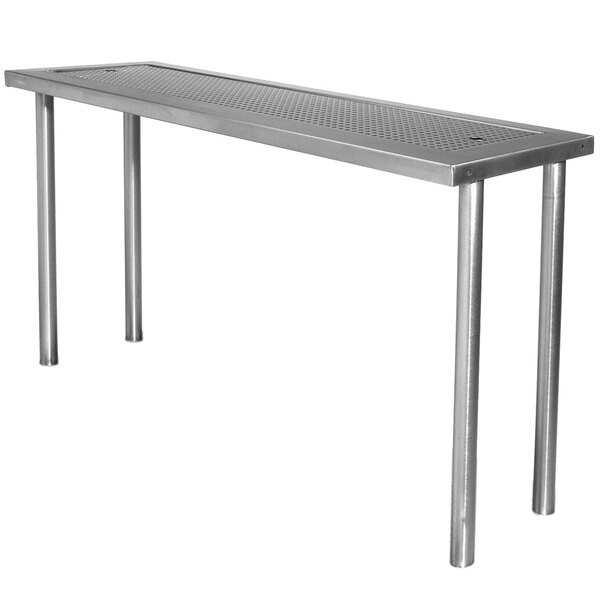 A stainless steel Advance Tabco single overshelf on a metal table.