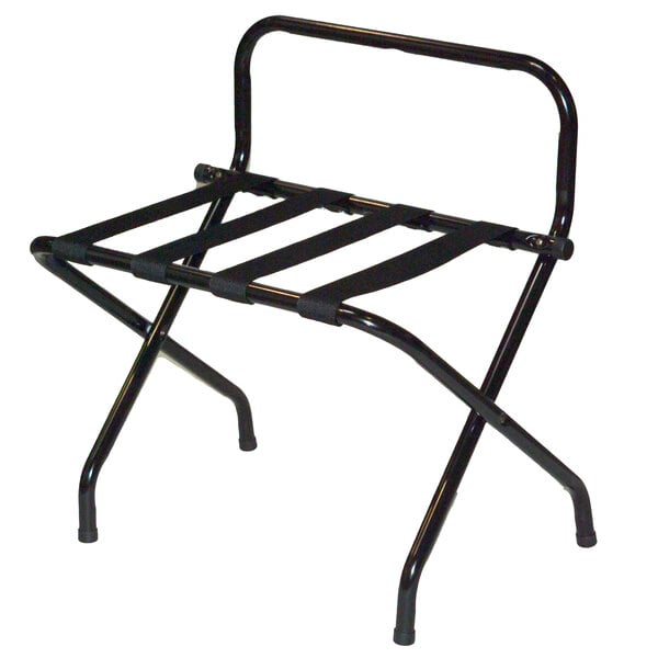 A black metal CSL high back luggage rack with two legs.