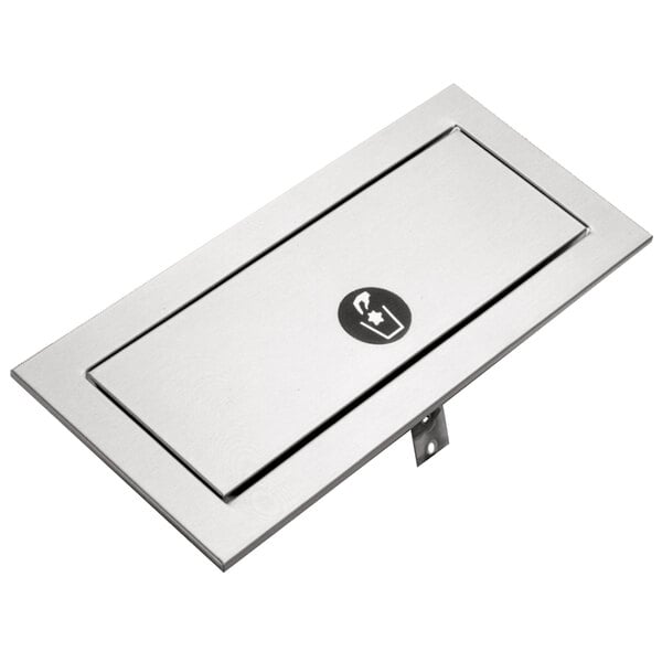 A rectangular stainless steel door with a black circle and white symbol.