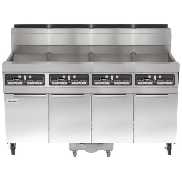 A Frymaster natural gas floor fryer with a filtration system.