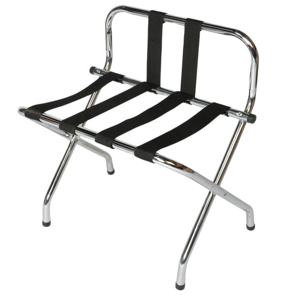 A chrome metal CSL luggage rack with black webbing straps.