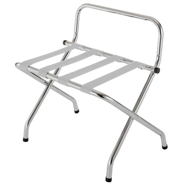 A CSL chrome metal high back luggage rack with straps on a white background.