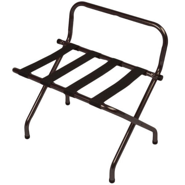 A black metal CSL high back folding luggage rack with straps.