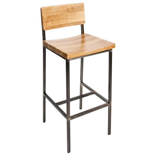 A BFM Seating Memphis wooden bar stool with metal legs.