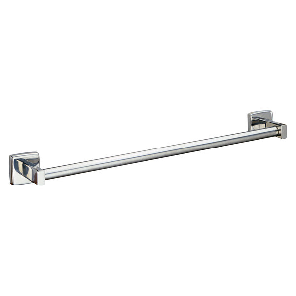 A metal towel bar with a satin finish and round shape.