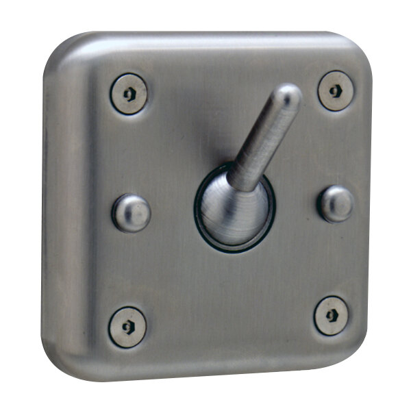 A close-up of a stainless steel Bobrick surface-mounted clothes hook.