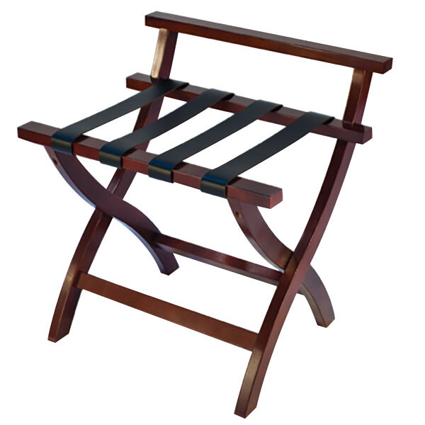 A CSL Premier Series mahogany wood folding luggage rack with black straps.