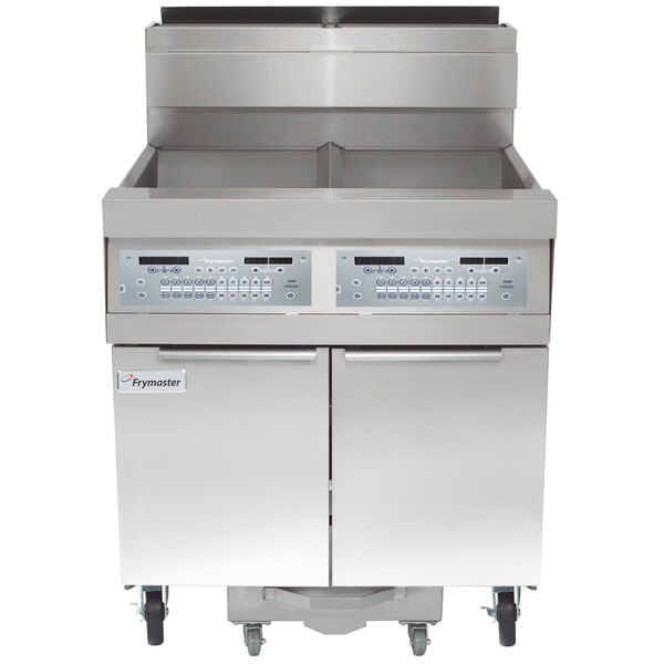 A stainless steel Frymaster gas floor fryer with two doors.