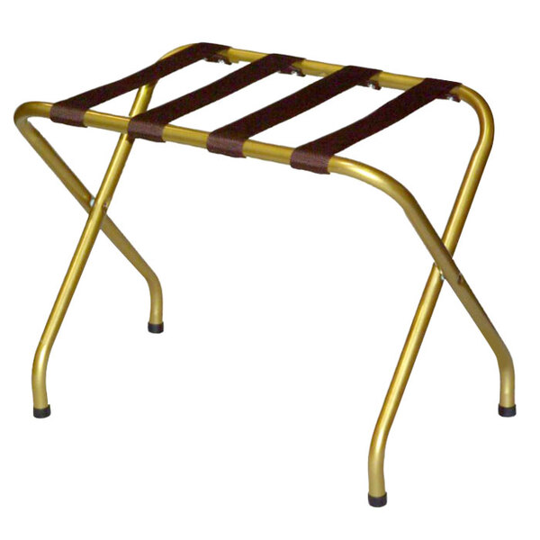 A CSL gold metal luggage rack with straps.