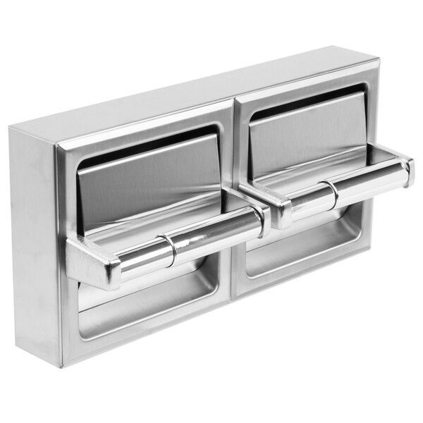 A silver stainless steel box with two compartments for toilet paper rolls.