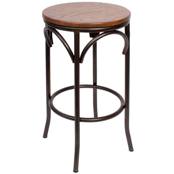 A BFM Seating Henry bar stool with a round wooden seat and metal legs.