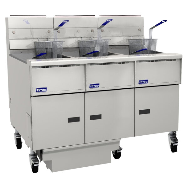 A large white Pitco Solstice natural gas floor fryer with two baskets.