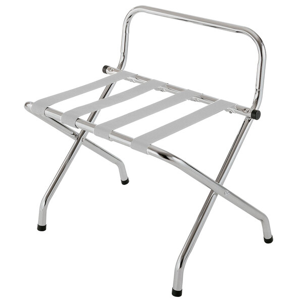 A chrome metal CSL high back luggage rack with straps and two legs.