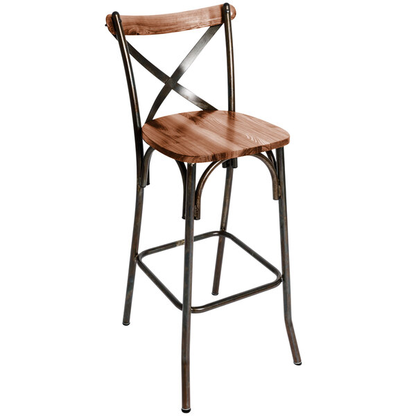 A BFM Seating Henry bar stool with a wooden seat and back on metal legs.