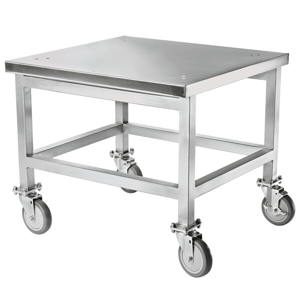 A stainless steel TurboChef oven stand with wheels.