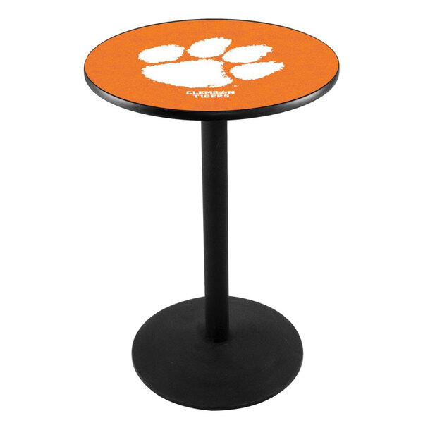 A Holland Bar Stool round pub table with the Clemson University paw print logo on it.