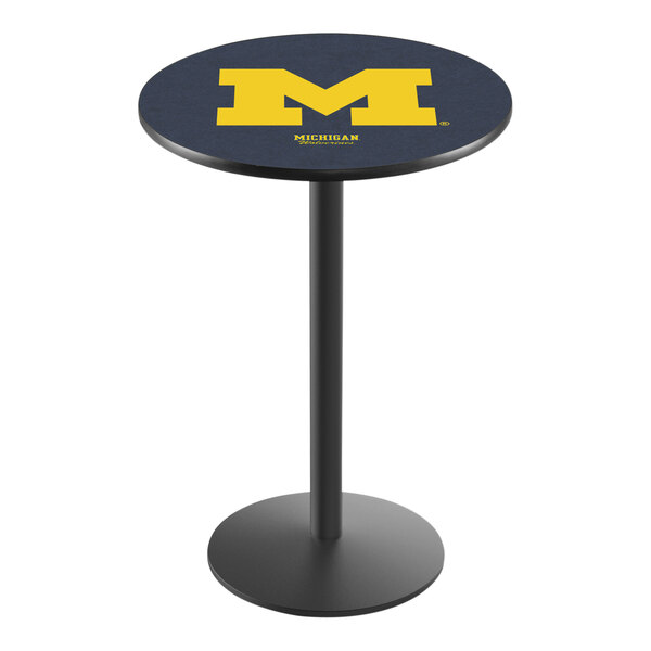 A round Holland Bar Stool pub table with University of Michigan Wolverines logo on the top.