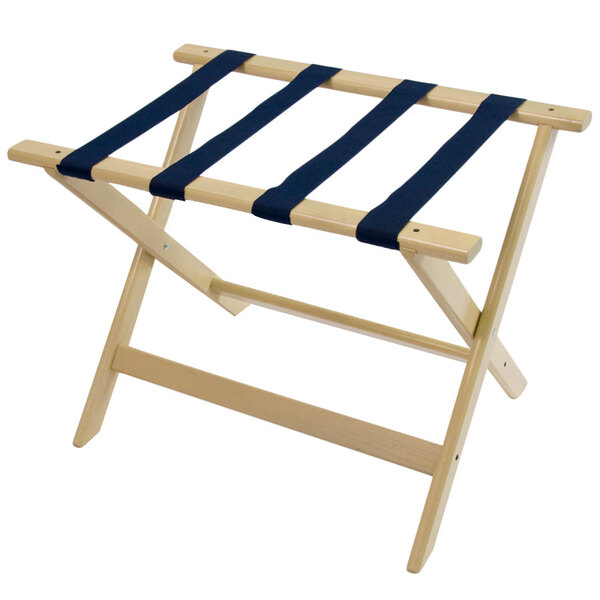 A CSL Deluxe Series White Wash wood luggage rack with blue straps.